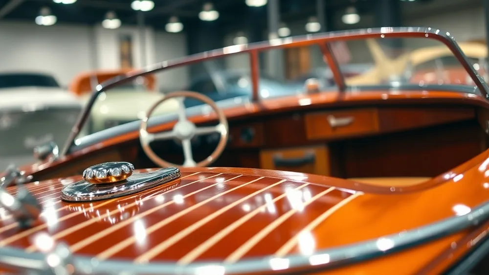 A classic varnished wooden runabout on display